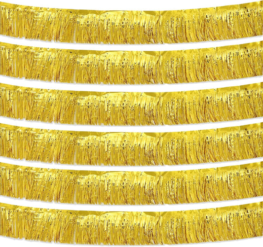 Gold Foil Fringe Garland 10FT 6packs, Metallic Foil Tinsel Fringe Banners for Parade Float Decorations Wedding, Birthday Party Graduation (six Gold)