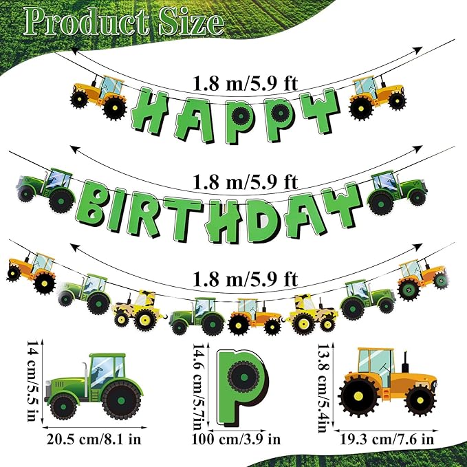 SUNBEAUTY Green Tractor Happy Birthday Banner Set with Tractor Garland Banner for Tractor Farm Themed Birthday Party Supplies Decorations | Pre-Strung