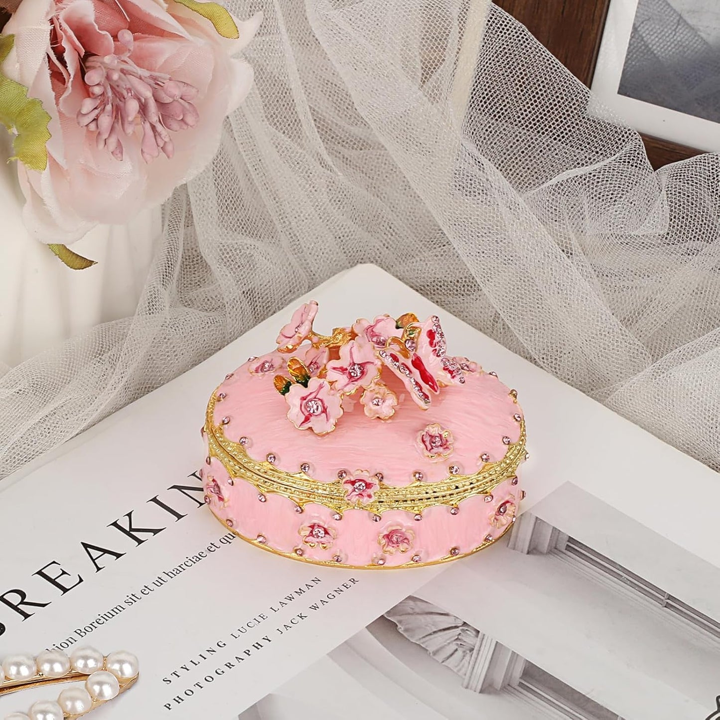 ELLDOO Enamel Flower Butterfly Trinket Box, Mini Vintage Metal Hinged Decorative Box Ring Earrings Jewelry Organizer, Keepsake Home Decor Gift Box for Women Girls, Pink