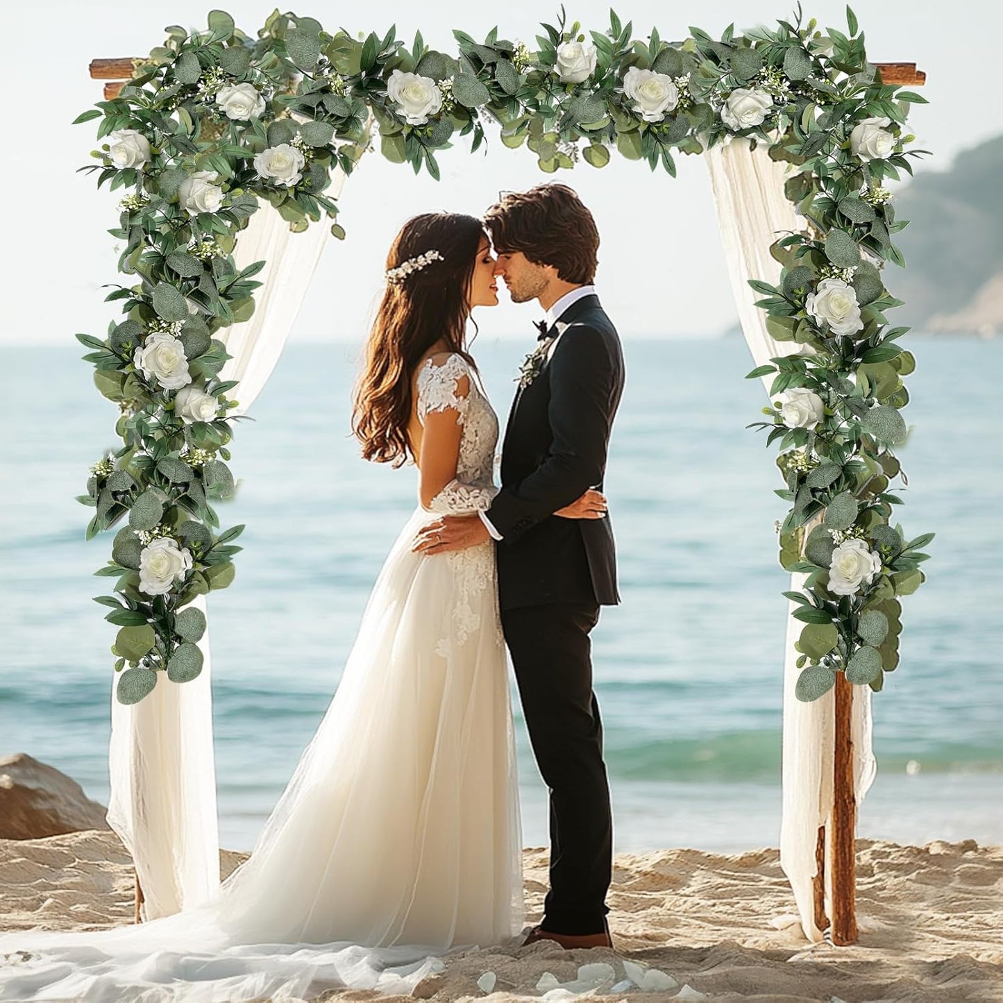 2 Pack 13Ft Artificial Eucalyptus Flower Garland with White Roses, Fake Rose Flower Greenery Garland Floral Vines for Wedding Home Party Table Runner Decor (White)