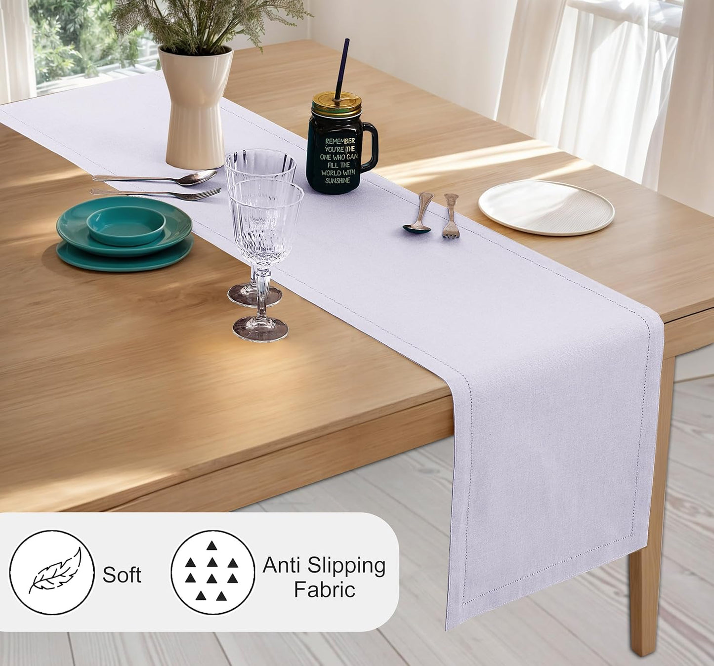 Ruvanti Linen Table Runner 108 Inches, Classic Hemstitch, Washable, Reusable, Non-Slipping, Stain Resistant- Perfect for Parties, Weddings, dinners, Thanksgiving, Christmas, Indoor use – Lavender Grey