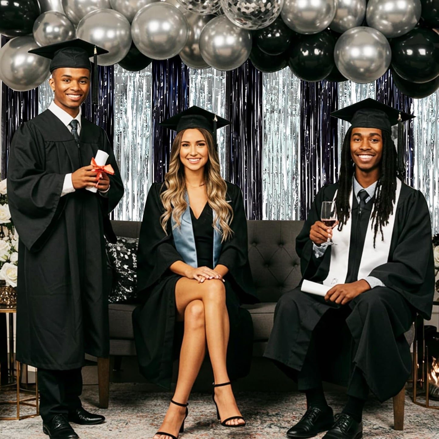 BEISHIDA 2Pcs Black Silver Door Streamers Congrats Grade 2025 Decoration Backdrop Foil Fringe Tinsel Party Streamers Curtains for Birthday Graduation Bachelorette Party Decoations (3.28 ft x 6.56 ft)