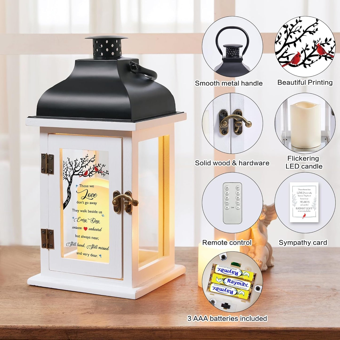 WOODEXPE Memorial Lantern Sympathy Gift for Loss of Loved One with Flickering LED Candle and Remote Control Bereavement Remembrance Memorial Gift