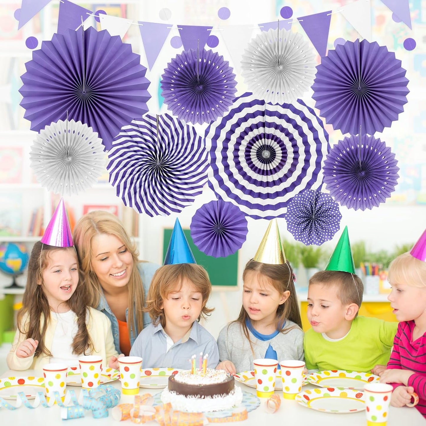 Purple Party Decorations,23Pcs Lavender Birthday Decorations with Hanging Paper Fans,Pom Poms Flowers Packs for Girls Women Birthday Party, Bridal Shower,Baby Showers,Wedding