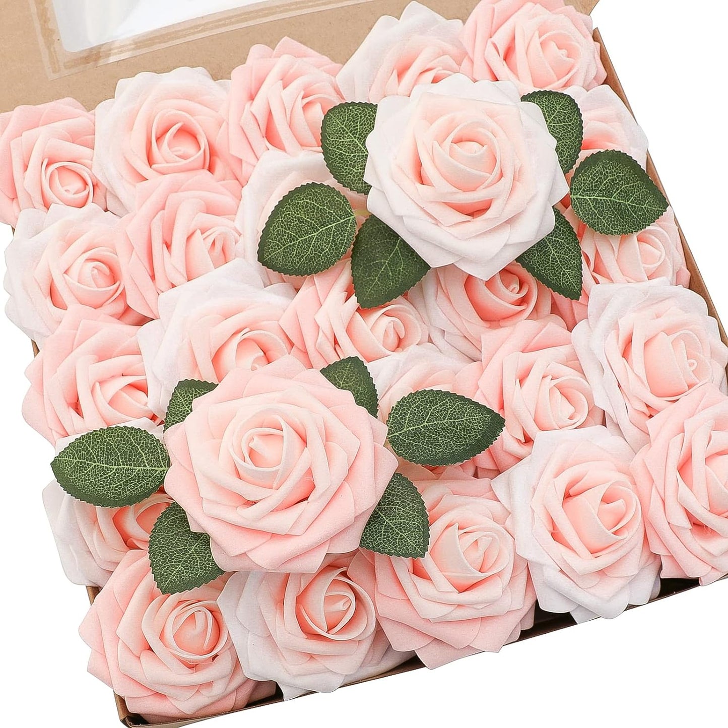 Floroom Artificial Flowers 25pcs Real Looking Blush Shades Foam Fake Roses with Stems for DIY Wedding Bouquets Bridal Shower Pink Centerpieces Floral Arrangements Party Tables Home Decorations