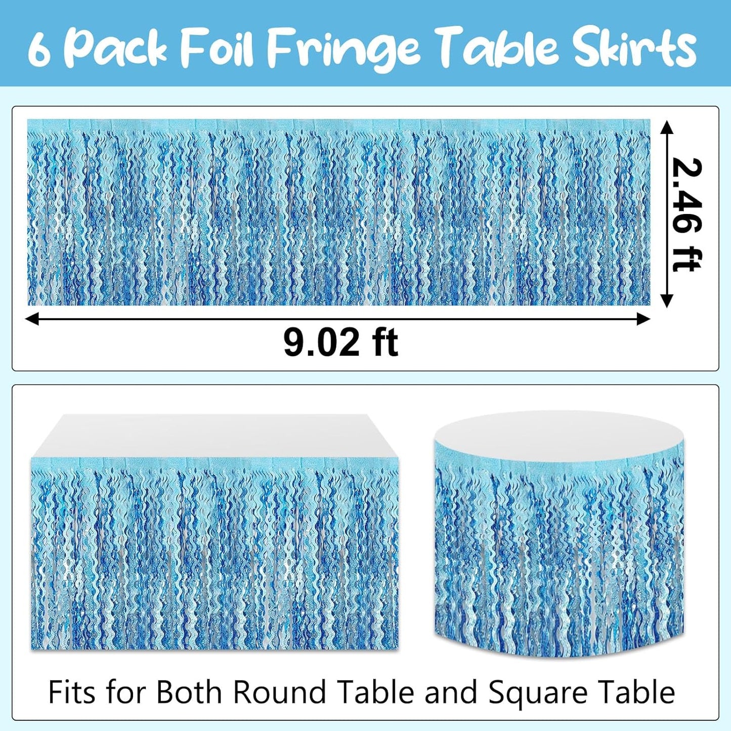6Pack 29 x108 Inch Light Blue Wave Foil Fringe Table Skirts Metallic Banner for Tinsel Streamer Garland Backdrop for Parade Floats, Mother's Day, Easter, Graduate, Birthday, Wedding Party Decoration