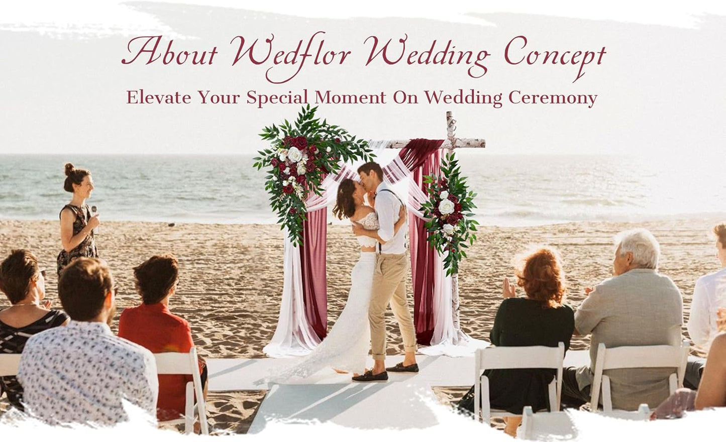 Wedding Arch Flowers with Drapes Kit (Pack of 4) - 2pcs Artificial Christmas Marsala Deluxe Swag with 2pcs Sheer Drapes for Wedding Ceremony Arbor Reception Backdrop Rose Floral Decoration