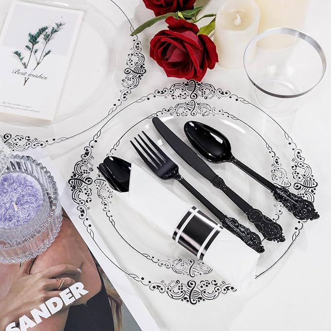 Hioasis 350pcs Clear and Black Plates - Black Party Plates for 50 Guest, Include 100 Heavy-duty Plates(20% Thicker Than Standard), 50 Pre Rolled Gold Plastic Silverware Set, 50 Cups