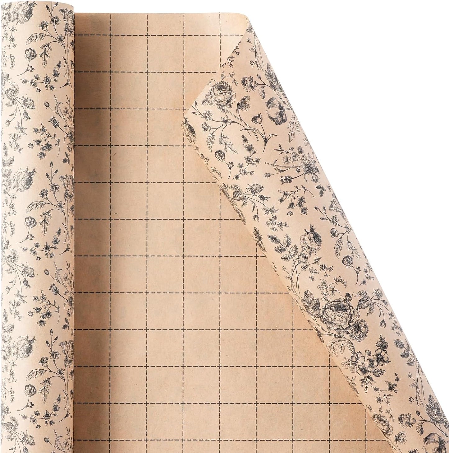 Ulmasinn Kraft Floral Wrapping Paper Roll - 17 Inches x 33 Feet - Vintage Black Floral Design with Cut Lines for Upscale Gifts, Birthday, Bridal Shower, Wedding, Mother’s Day, Valentine's Day