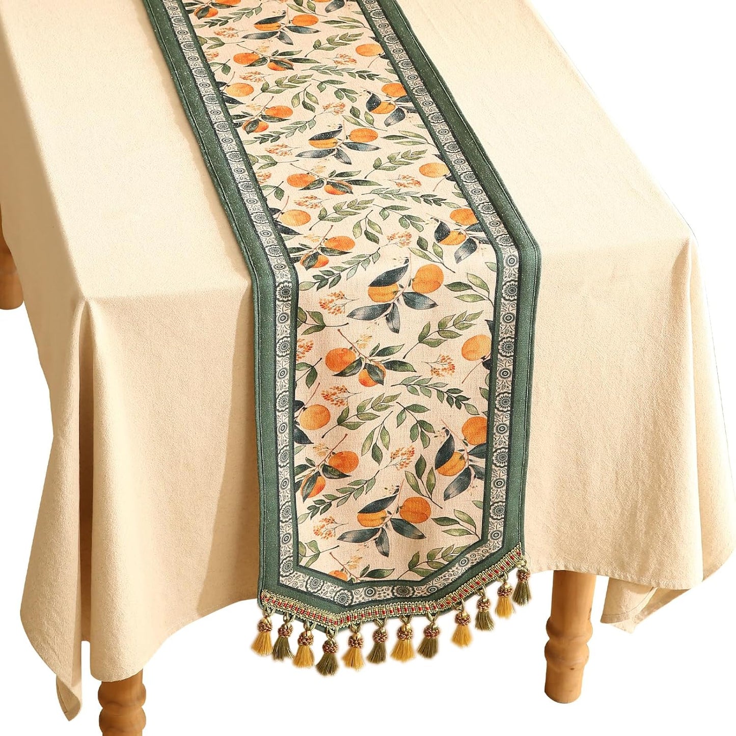 patdrea Designer Vintage Fresh Farmhouse Linen Table Runner 102 Inch Long, Green and Orange Pattern Table Mat, Decor for Kitchen Dining Table Coffee Table Shelf Cabinet Banquet Christmas ,12"*102"