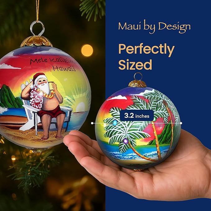 Collectible Hawaiian Santa Christmas Hand-Painted Glass with Gift Box Ornament MK/H