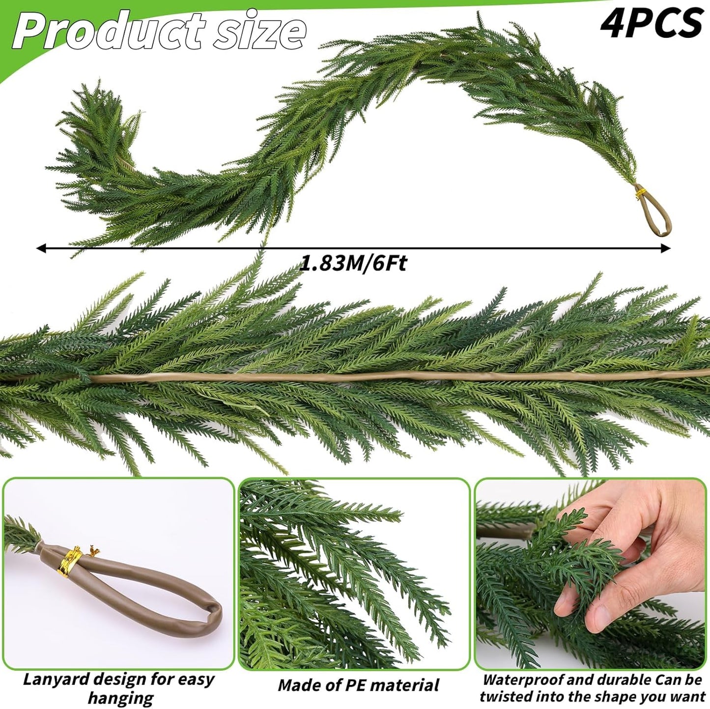 5 Pcs Artificial Norfolk Pine Garlands Christmas, 6 FT Dense Real Touch Winter Pine Garland Ornament, Green Artificial Greenery Garland for Table, Mantle, Wall, Indoor, Outdoor Christmas Decorations