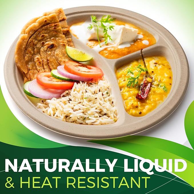 150PCS 100% Compostable 10in Brown Paper Plate, 3-Compartment Heavy Duty Disposable Plates, Eco-Friendly Sectional Plates, Biodegradable Divided Plates Made of Sugarcane Fiber