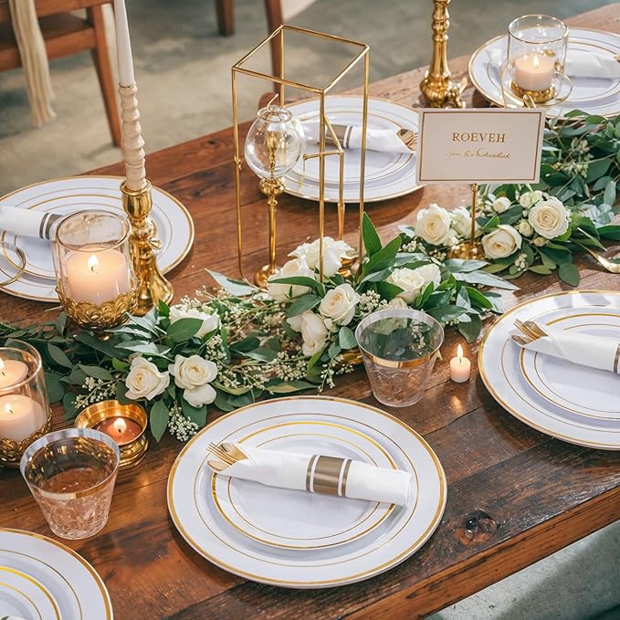 WELLIFE 700 Pcs Gold Plastic Plates for 100 Guests - Disposable Dinnerware Set,Party Supplies Includes 200 Gold Plates,300 Plastic Silverware,100 Napkins,100 Cups for Party and Wedding