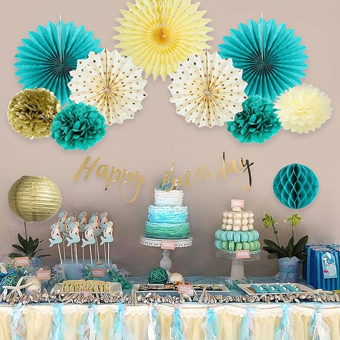SUNBEAUTY Teal & Gold Party Decorations - Paper Fans, Tissue Pom Poms, Happy Birthday Banner for Baby Showers & Women's 30th/40th Birthdays