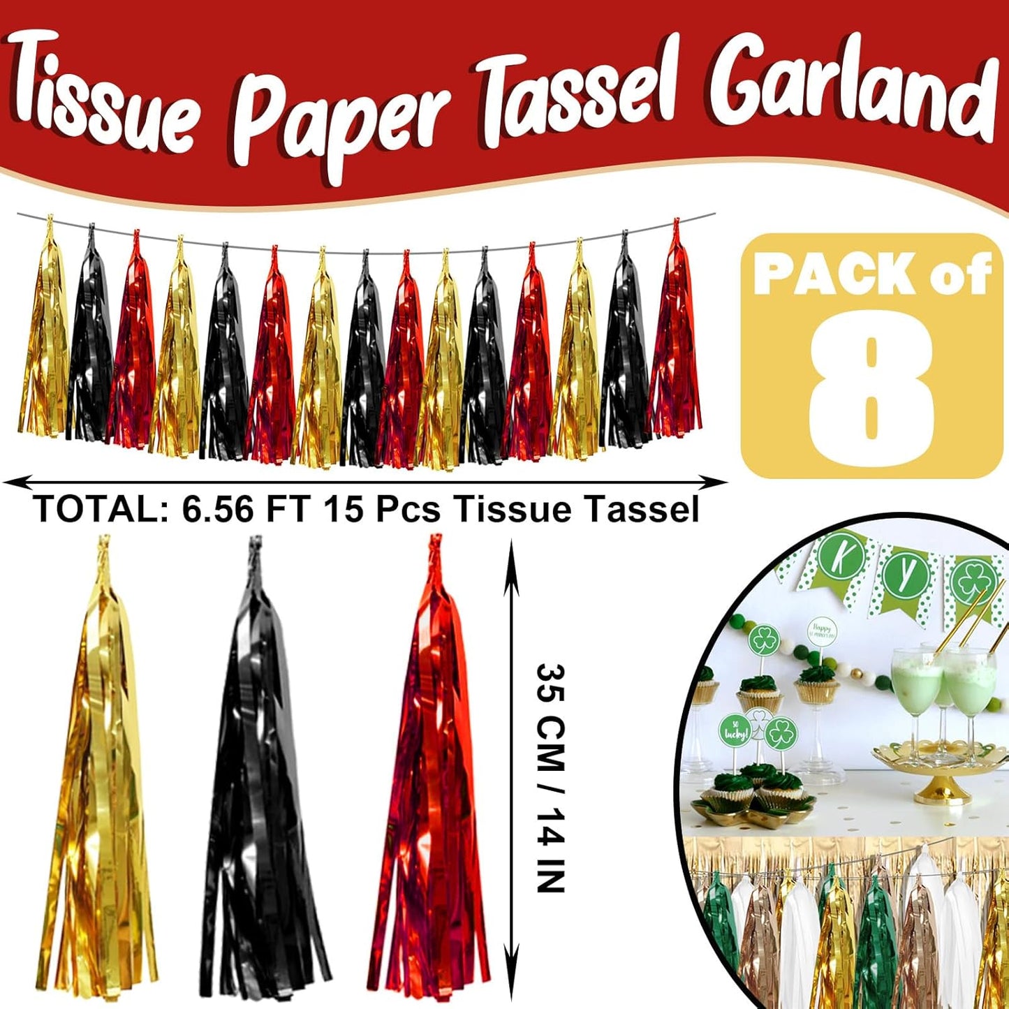 8P Black-Red Gold Foil Fringe Metallic Tassel Garland, Tassels Banner Streamers for Parade Floats, Bachelorette, Wedding, Birthday, Halloween, Christmas, Bridal/Baby Shower Party Decorations