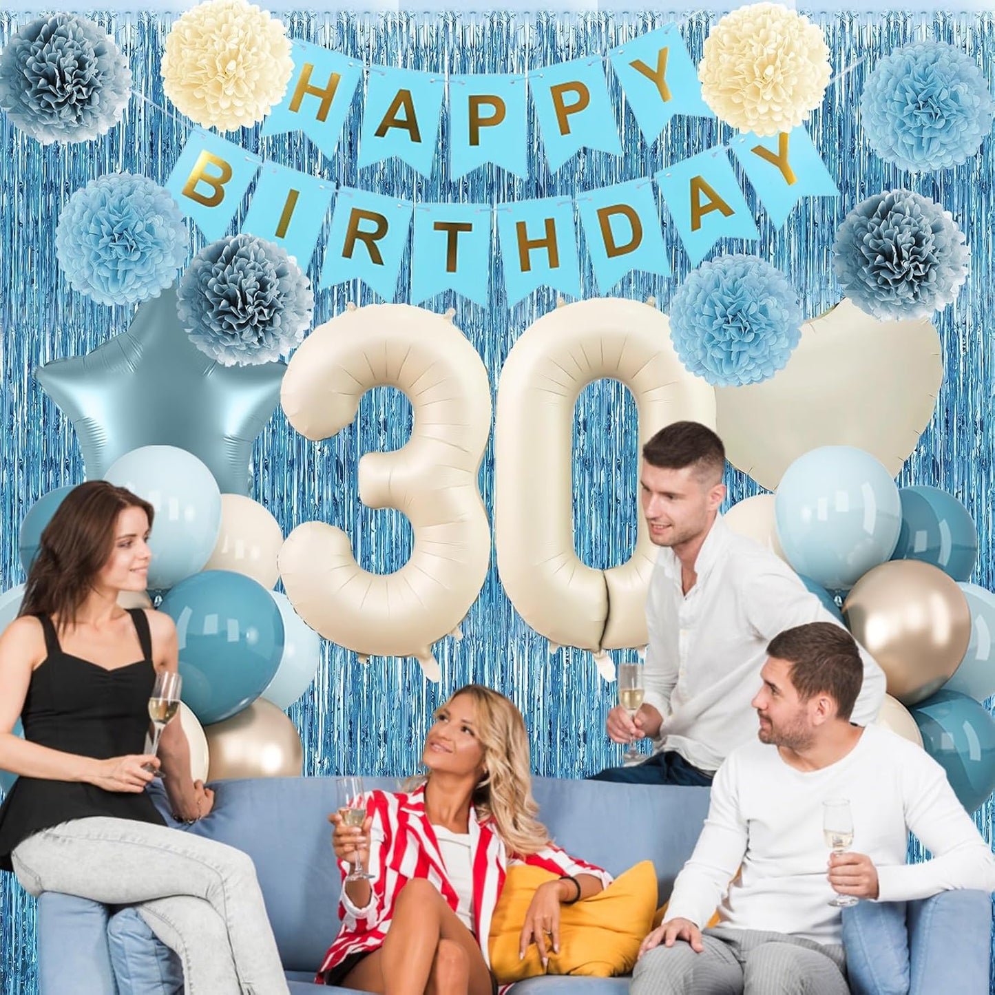 Dusty Blue 30th Birthday Party Decorations for Her Him Beige Cream Number 30 Balloon with Blue Gold Happy Birthday Banner Fringe Curtain Paper Pom Poms Nude White Sand Champagne Star Foil Balloons