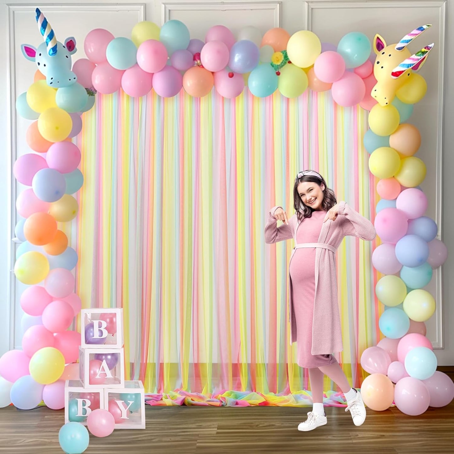 Rainbow Tulle Backdrop Curtain for Birthday Party Decorations 10ft x 10ft Sheer Backdrop Curtains for Unicorn Birthday Baby Shower Girls Photo Shoot Decorations 2 Panels 5ft x 10ft
