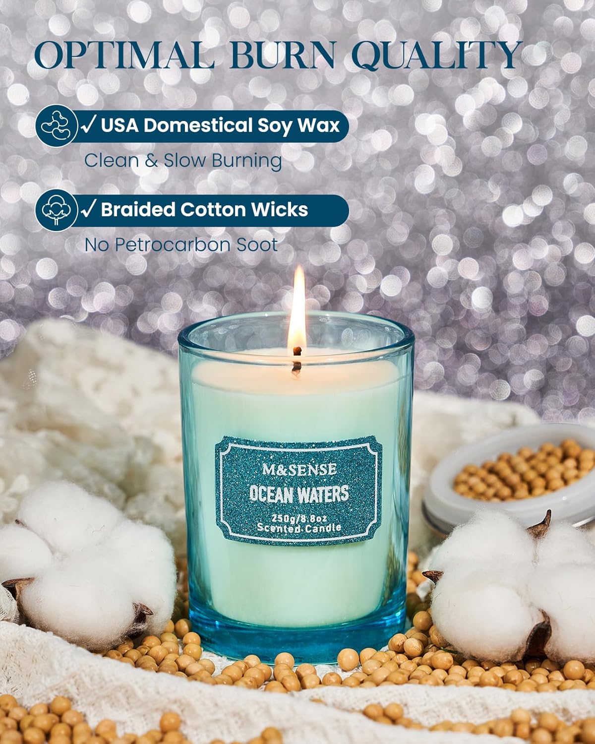 M&SENSE Ocean Scented Glitter Jar Candles, Holiday Gifts for Women - Strong Scented Natural Soy Candle for Winter Home Decor, 50 Hour Burn Time