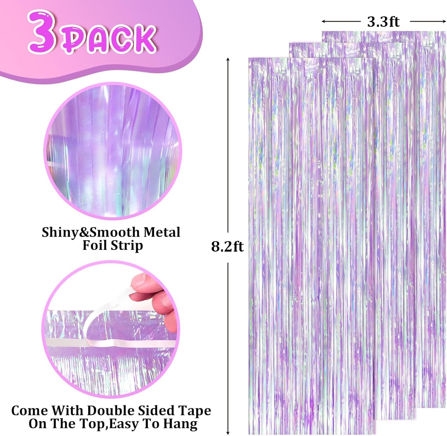 Iridescent Party Backdrop 3Packs, Transparent Tinsel Foil Fringe Curtain Streamers for Girls Birthday, Weddings,Engagement, Mermaid, Unicorn Theme Party Decorations 3.3x8.2ft