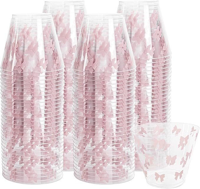 I00000 100 Pcs 9 oz Clear Plastic Cups with Pink Bow, Clear Disposable Cups Wine Glasses Cocktail Glasses Premium Cup Perfect for Wedding, Birthday & Party