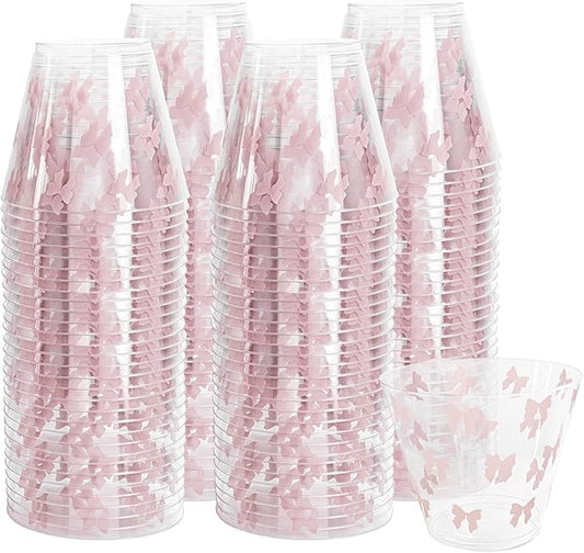 I00000 100 Pcs 9 oz Clear Plastic Cups with Pink Bow, Clear Disposable Cups Wine Glasses Cocktail Glasses Premium Cup Perfect for Wedding, Birthday & Party