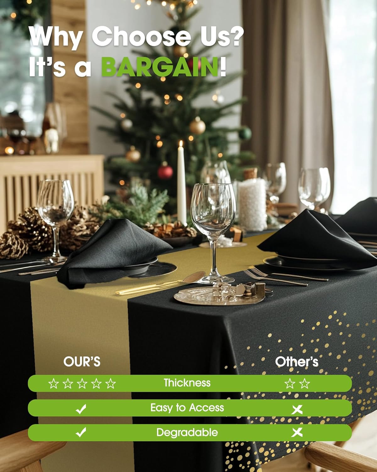 Pureegg Plastic Table Cloth Disposable 10 Pack, 54 x 108 Inch, Table Runner Style, Graduation Decorations 2025, Party Tablecloths, Rectangle, Plastic Cover, Leakproof & Sturdy, Black Gold