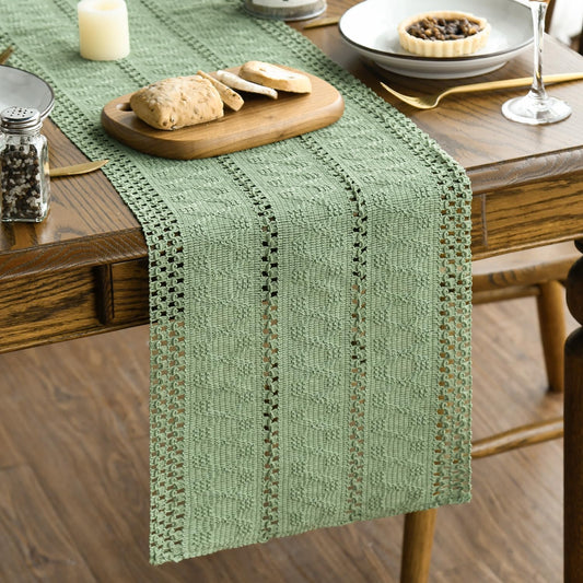 Artoid Mode Light Green Farmhouse Woven Rustic Hollow Table Runner, Seasonal Holiday Hollow Kitchen Dining Table Decoration for Home Party Decor 12x108 Inch