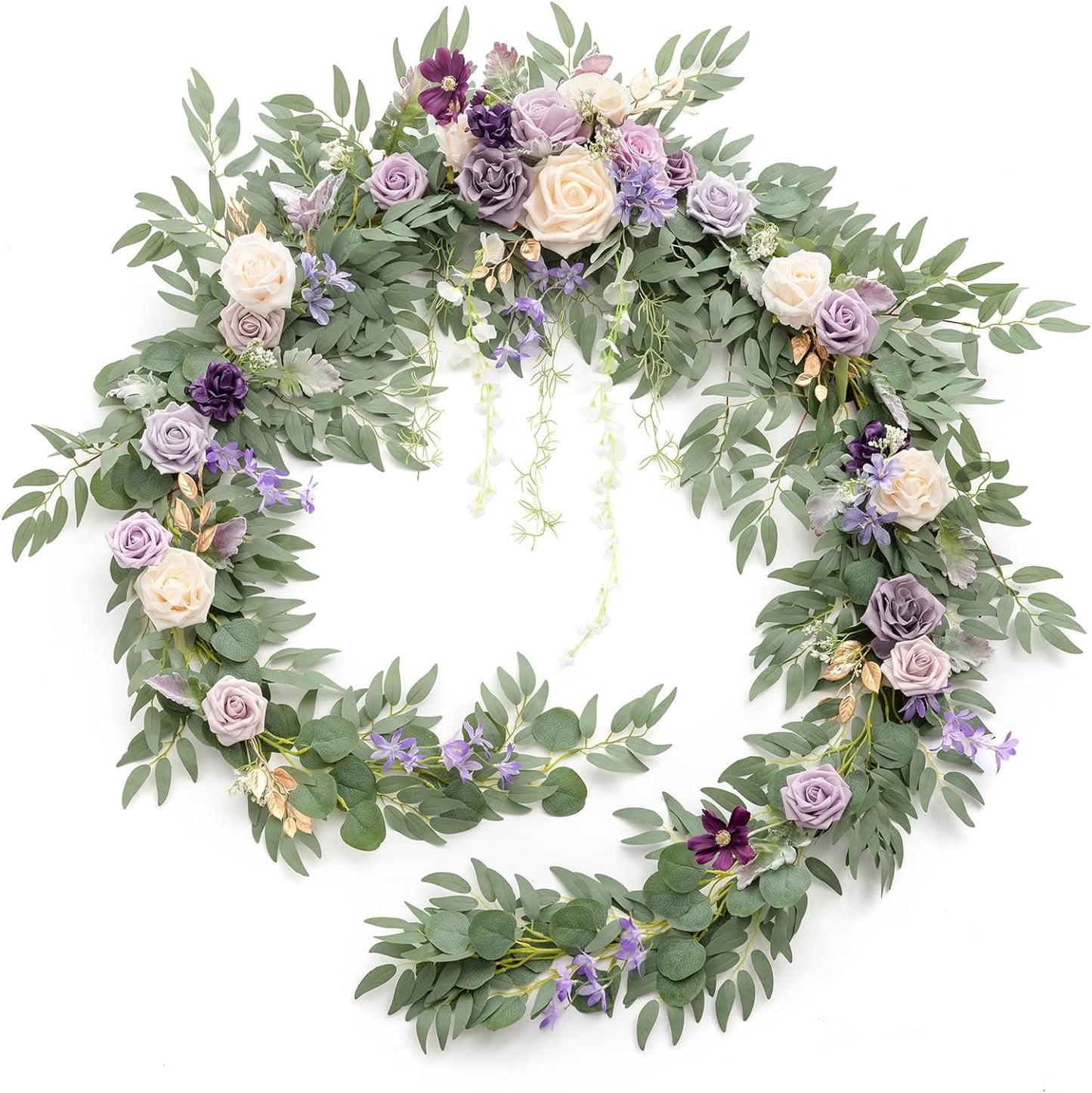 Ling's Moment 9FT Flower Garland for Backdrop Decorations - Wedding Arch Flowers, Eucalyptus & Rose, Artificial Floral Garland for Mantel - Sweetheart Table Decor for Ceremony Reception, Lilac & Gold