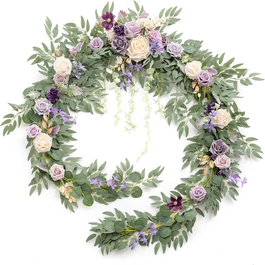 Ling's Moment 9FT Flower Garland for Backdrop Decorations - Wedding Arch Flowers, Eucalyptus & Rose, Artificial Floral Garland for Mantel - Sweetheart Table Decor for Ceremony Reception, Lilac & Gold
