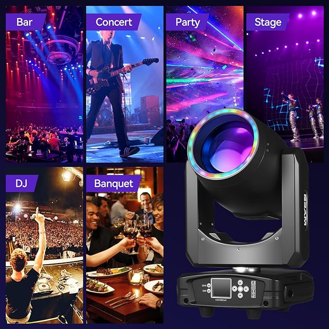 MINGJIE 300W Moving Head DJ Lights, 48-Facet Prism Stage Lighting with 15 Gobos & 15 Colors, DMX512 Sound Activated LED Beam Spot for Wedding, Bar, Party, KTV, Stage Show (Flight case +2PCS Light)