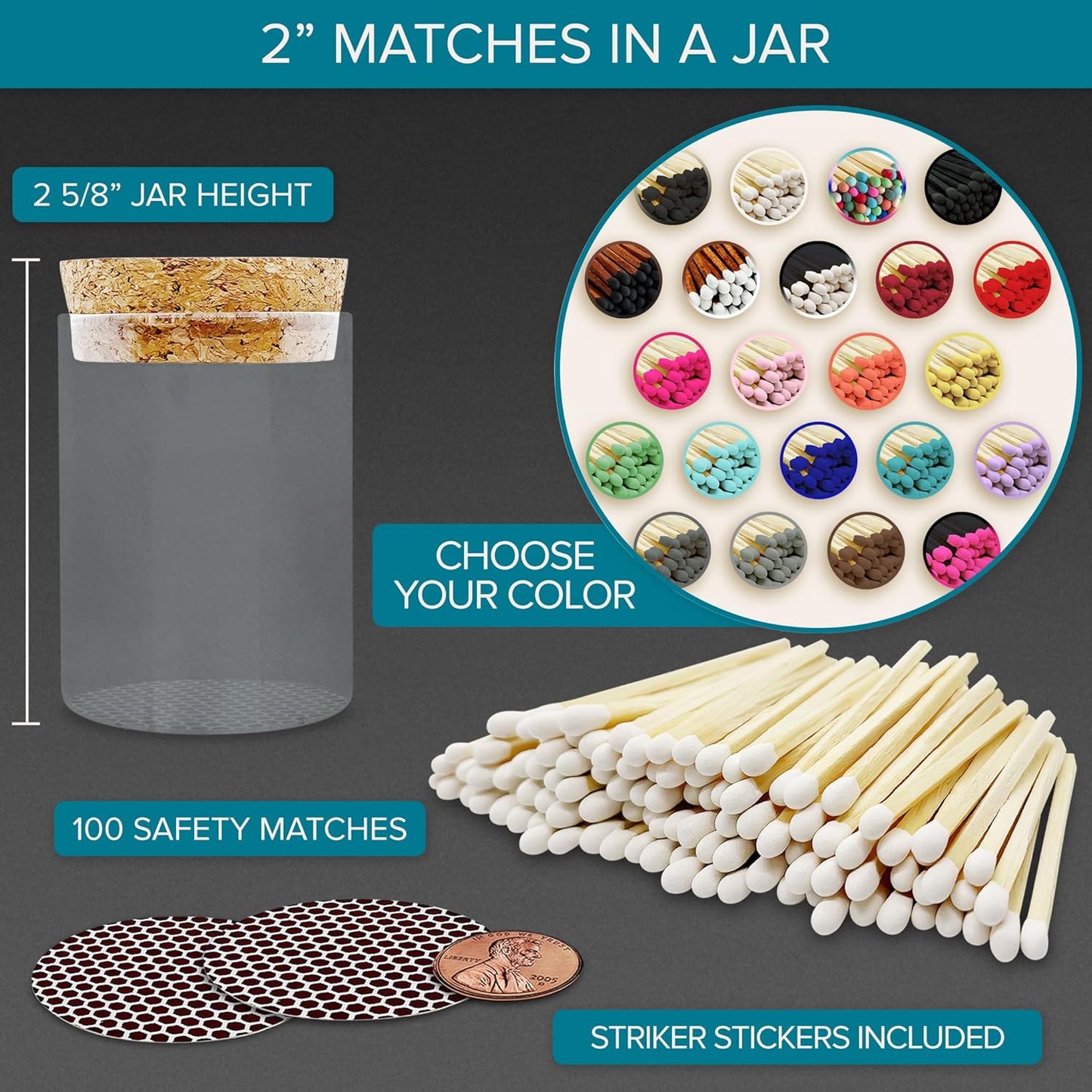 2" Matches in a Chic Jar + Striker Stickers Included | 100 Matchsticks in The Color of Your Choice | Decorative Safety Matches with a Cork Top Glass Holder | Gifts & Home Decor by Thankful Greetings
