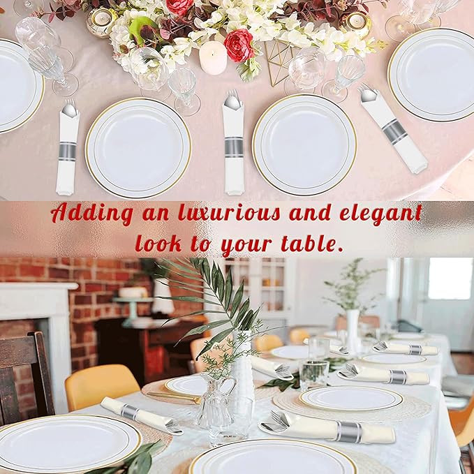50 Pack Pre Rolled Silver Plastic Silverware Set,Wrapped Plastic Cutlery Set with Napkin Include 50 Forks,50 Spoons,50 Knives and 50 White Napkins for Party,Wedding,Christmas