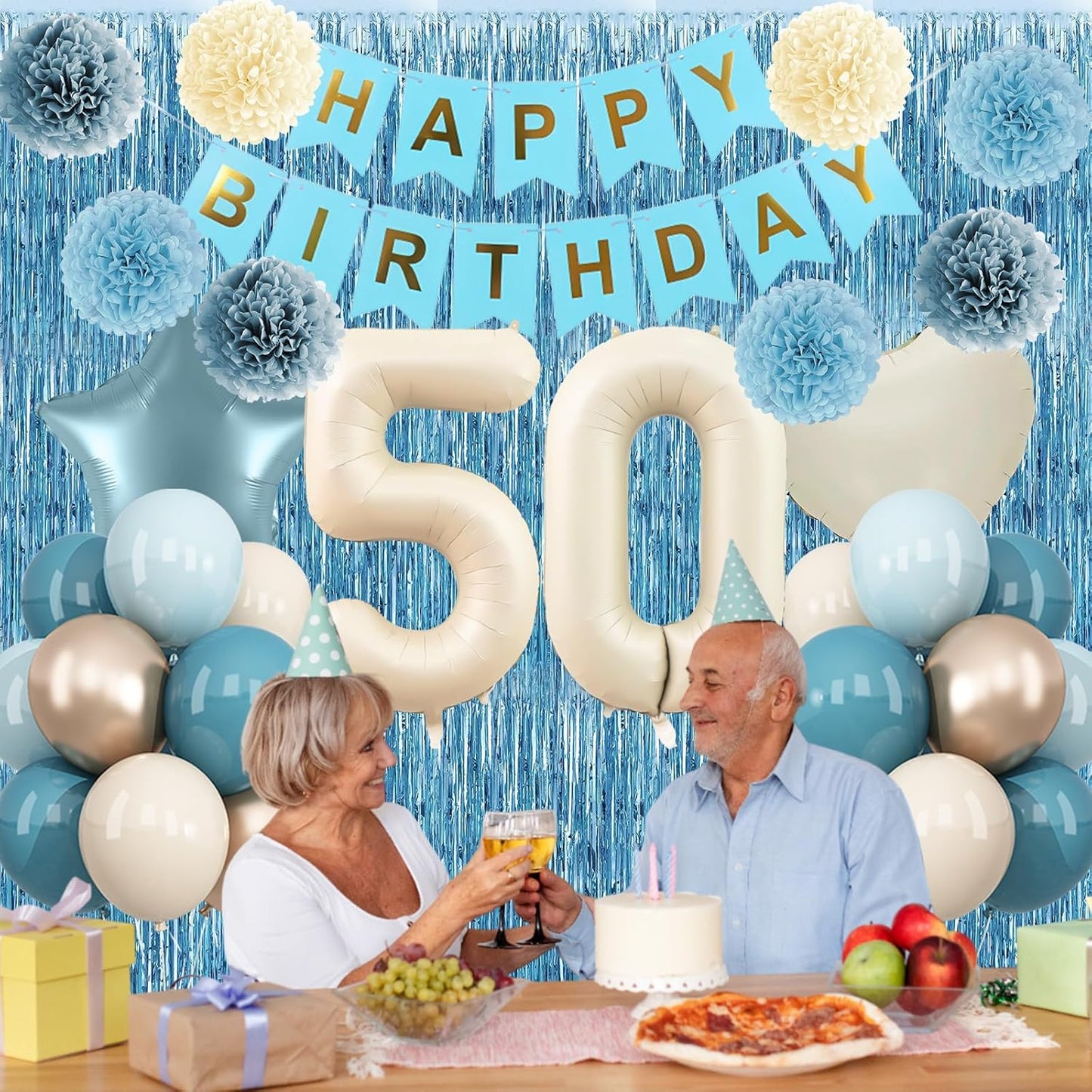 Dusty Blue 50th Birthday Party Decorations for Women Men Beige Cream Number 50 Balloon with Blue Gold Happy Birthday Banner Fringe Curtain Paper Pom Poms Nude White Sand Champagne Star Foil Balloons