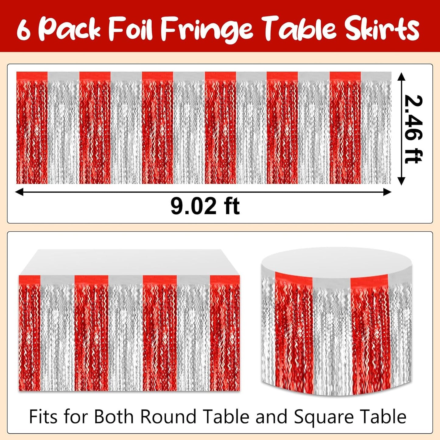 6 Pack 29 x108 Inch Red Silver Wave Foil Fringe Table Skirts Metallic Banner for Tinsel Streamer Garland Backdrop for Parade Floats, Mother's Day, Easter, Wedding, Birthday Party Decoration