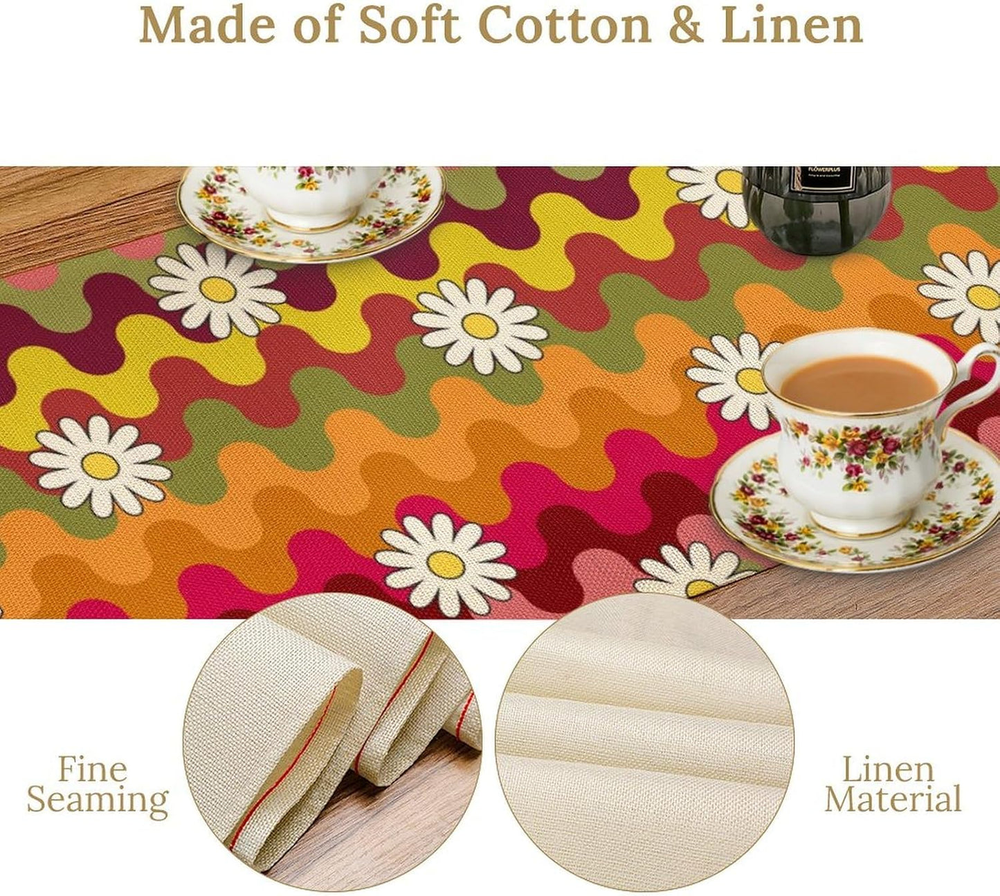 Vintage Floral Table Runner,60s 70s Colorful Retro Abstract Hippie Print Table Runner for Kitchen Dining Table Home Party Decoration 13x60 Inch