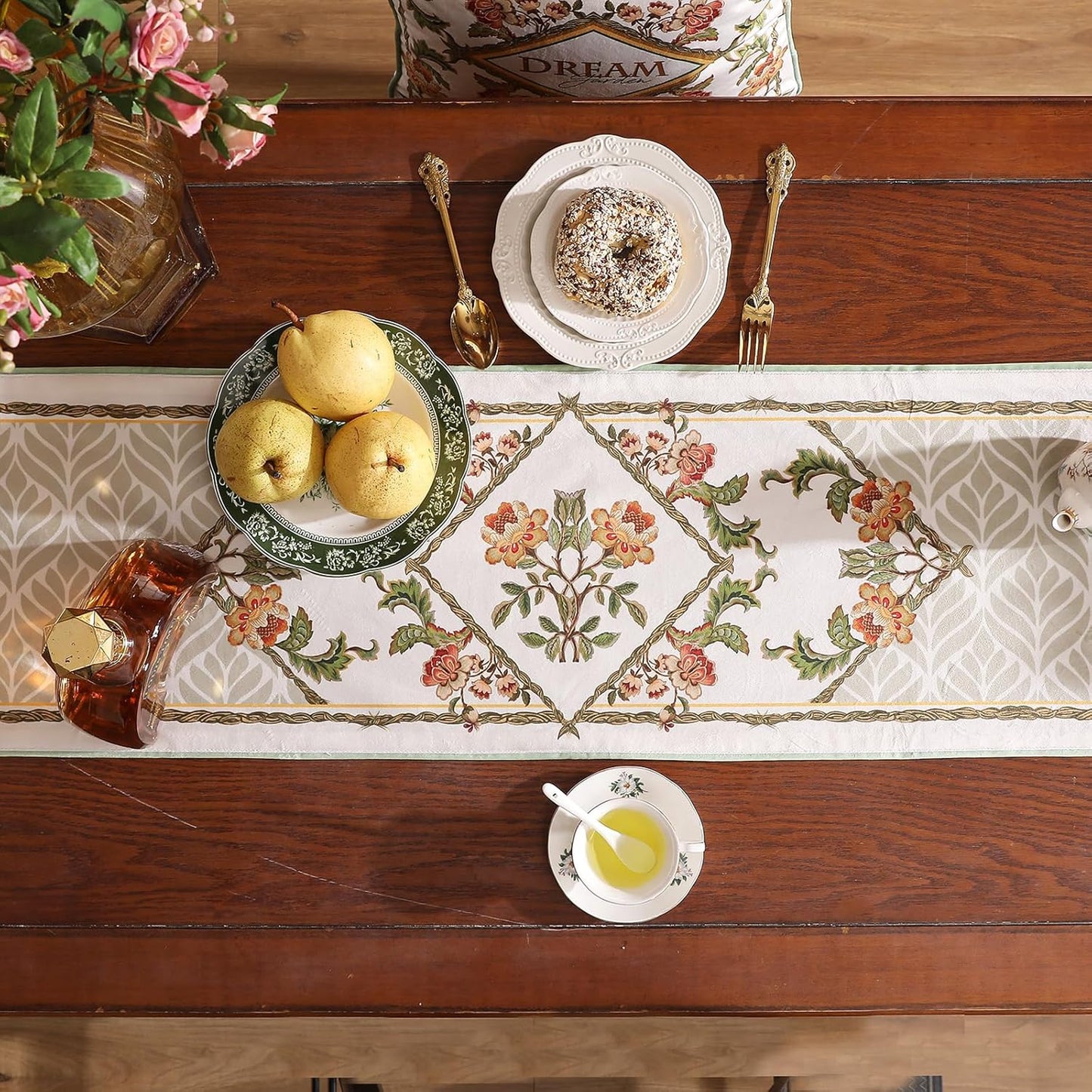 patdrea Designer Elegant French Floral Velvet Table Runner 71 Inch Long, Green with Orange Blossoms Pattern Table Mat, Decor for Kitchen Dining Coffee Table Cabinet Banquet Thanksgiving,12"*71"