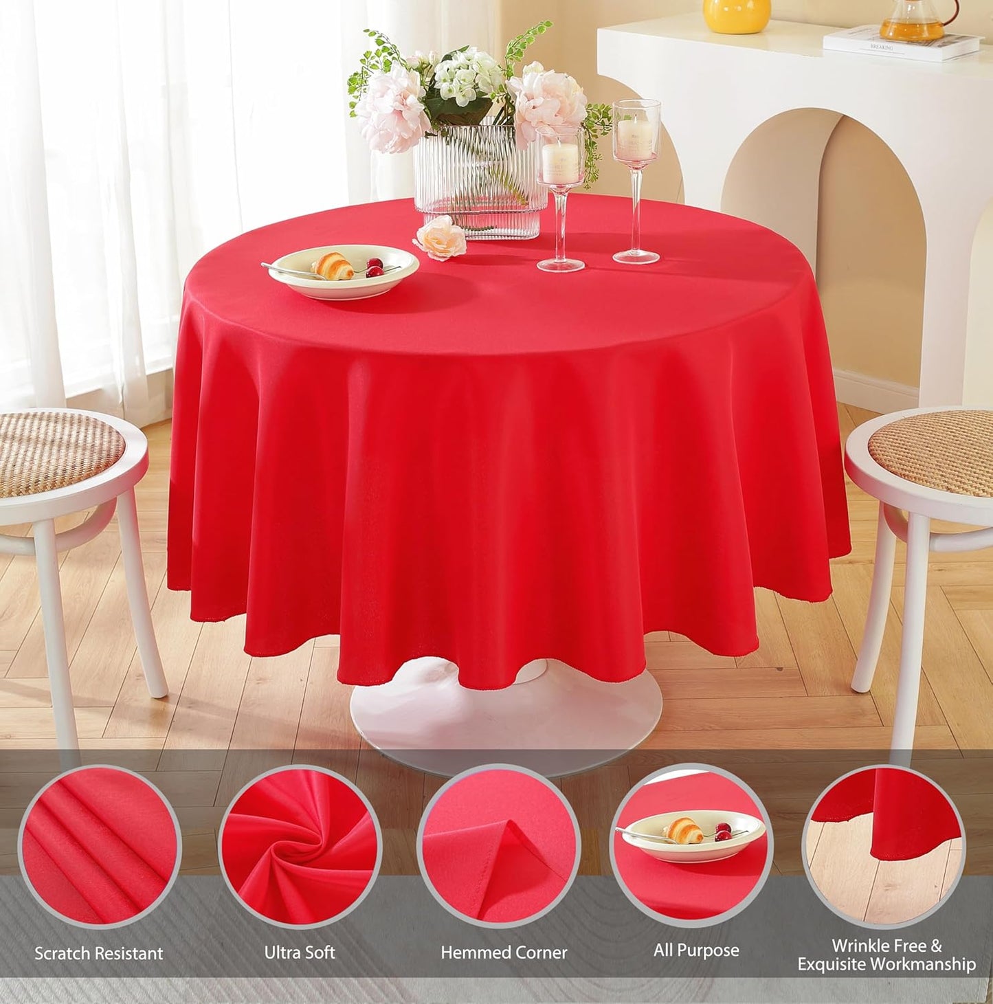Craft And Party Round Tablecloth, 70 Inch Red Tablecloth, Polyester Fabric Washable Table Cloth for Home, Party, Wedding or Restaurant Use.