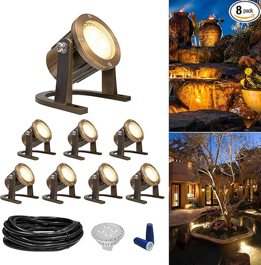 GKOLED 8Pack Solid Brass Underwater Light, Low Voltage LED Pond Lights, Submersible Fountain Lighting with 5W 2700K 410LM MR16 Bulb, 9-15V AC/DC Outdoor Landscape Light, IP68 Rated Pool Spotlights