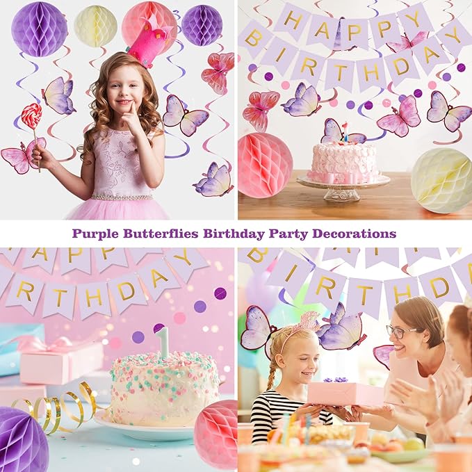 meowtastic Birthday Decorations, Happy Birthday Banner with Honeycomb Balls, Butterfly Hanging Swirl Streamers, Circle Dots Garland, Happy Birthday Party Decorations for Women Men Boys Girls (Purple)