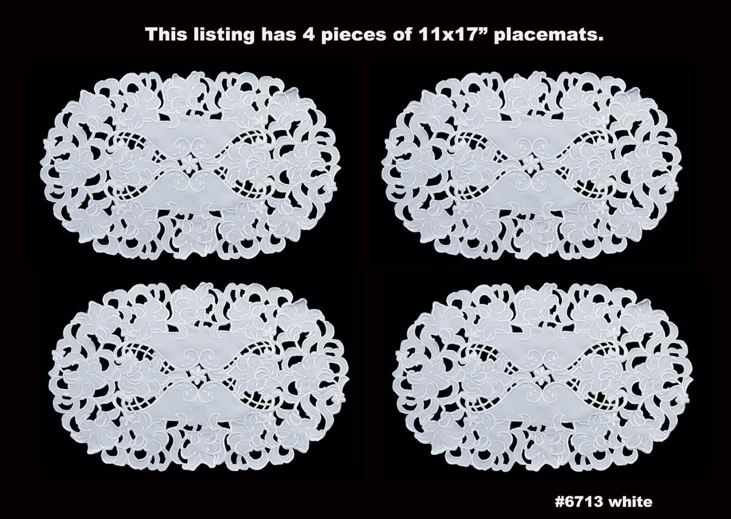 Creative Linens 4PCS Embroidered Floral Placemats 11x17 Oval White, Set of 4 Pieces