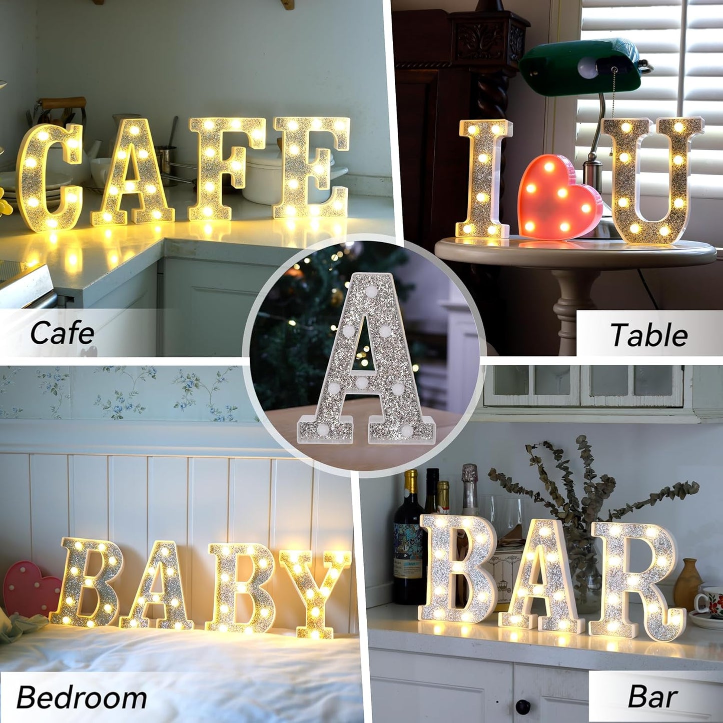 Marquee Light Up Letters, Glitter Silver LED Letter Lights Battery Powered 26 Alphabet Letter Sign for Night Light Wedding Birthday Party Cafe Bar Decoration Girls Room Decor - Pink Light