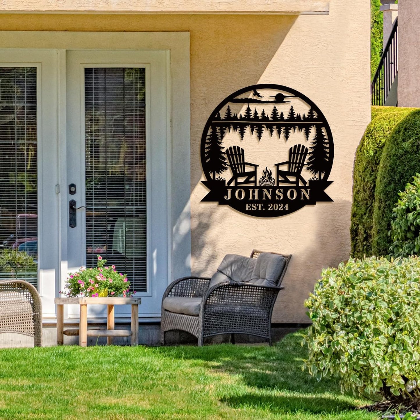 Custom Campfire Metal Name Sign, Campsite Custom Metal Family Name Sign, Campsite Monogram Forest, Personalized Camping Gifts Fire Pit Camper Lover Gift