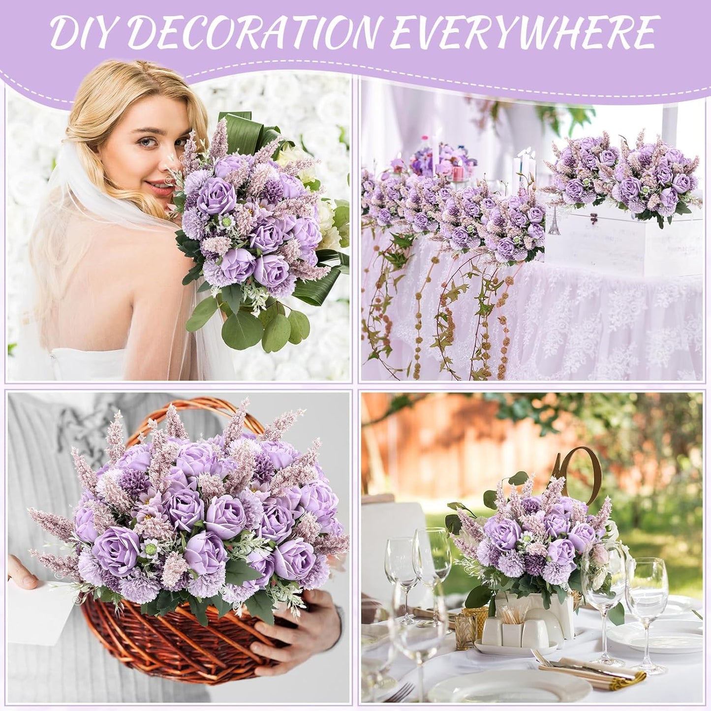 Zeyune 8 Pcs Wedding Silk Flowers Fake Silk Flowers Faux Bouquet Hydrangea Bouquets for Wedding Birthday Party Table Centerpieces Home Decoration (Purple,Rose)