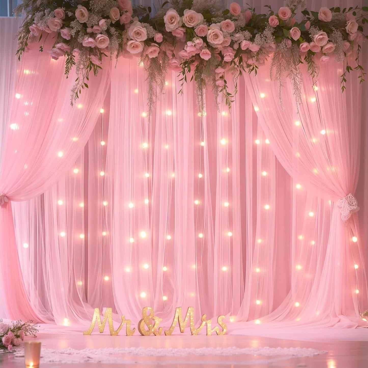 Sheer Backdrop Curtains with Lights String for Weddings Baby Showers, 20x8ft Sheer Tulle Photo Backdrop Curtains for Birthday Party Photography Background Decoration, Pink