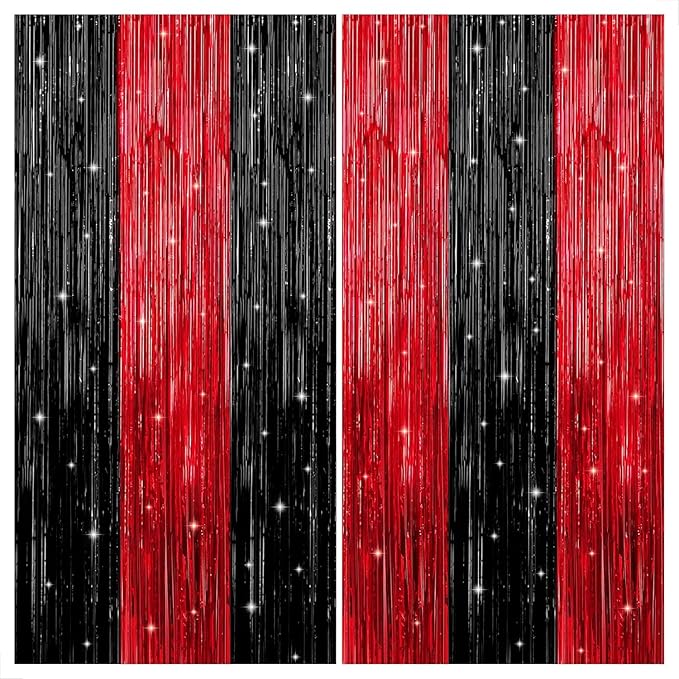 KatchOn Red and Black Fringe Curtain - 6.4x8 Ft Pack of 2 | Red and Black Streamers for Casino Theme Party Decorations | Foil Fringe for Anniversary, Bachelorette, Birthday Decorations