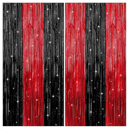 KatchOn Red and Black Fringe Curtain - 6.4x8 Ft Pack of 2 | Red and Black Streamers for Casino Theme Party Decorations | Foil Fringe for Anniversary, Bachelorette, Birthday Decorations