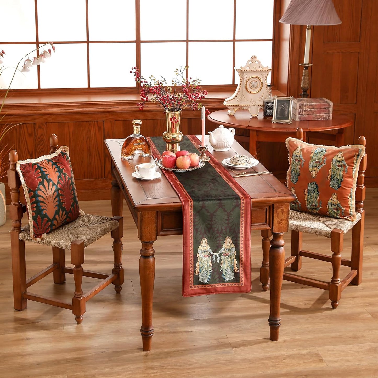 patdrea Designer Mysterious Oil Painting Figures Velvet Table Runner, Brown Green with Palm Frond Pattern Table Mat, Decoration for Kitchen Dining Coffee Table Cabinet Banquet Thanksgiving,12"*102"