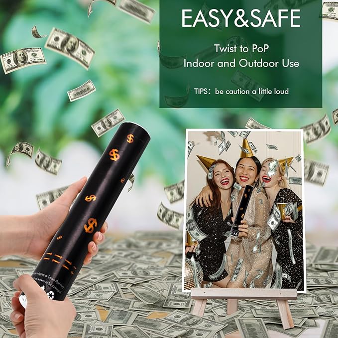 Confetti Cannon 12 Pack Party Poppers Money 100 Dollar Bill Confetti Poppers Make it Rain 12 inch Party Confetti Shooters Bill Launcher for Business Signing Opening Activities Birthday Party