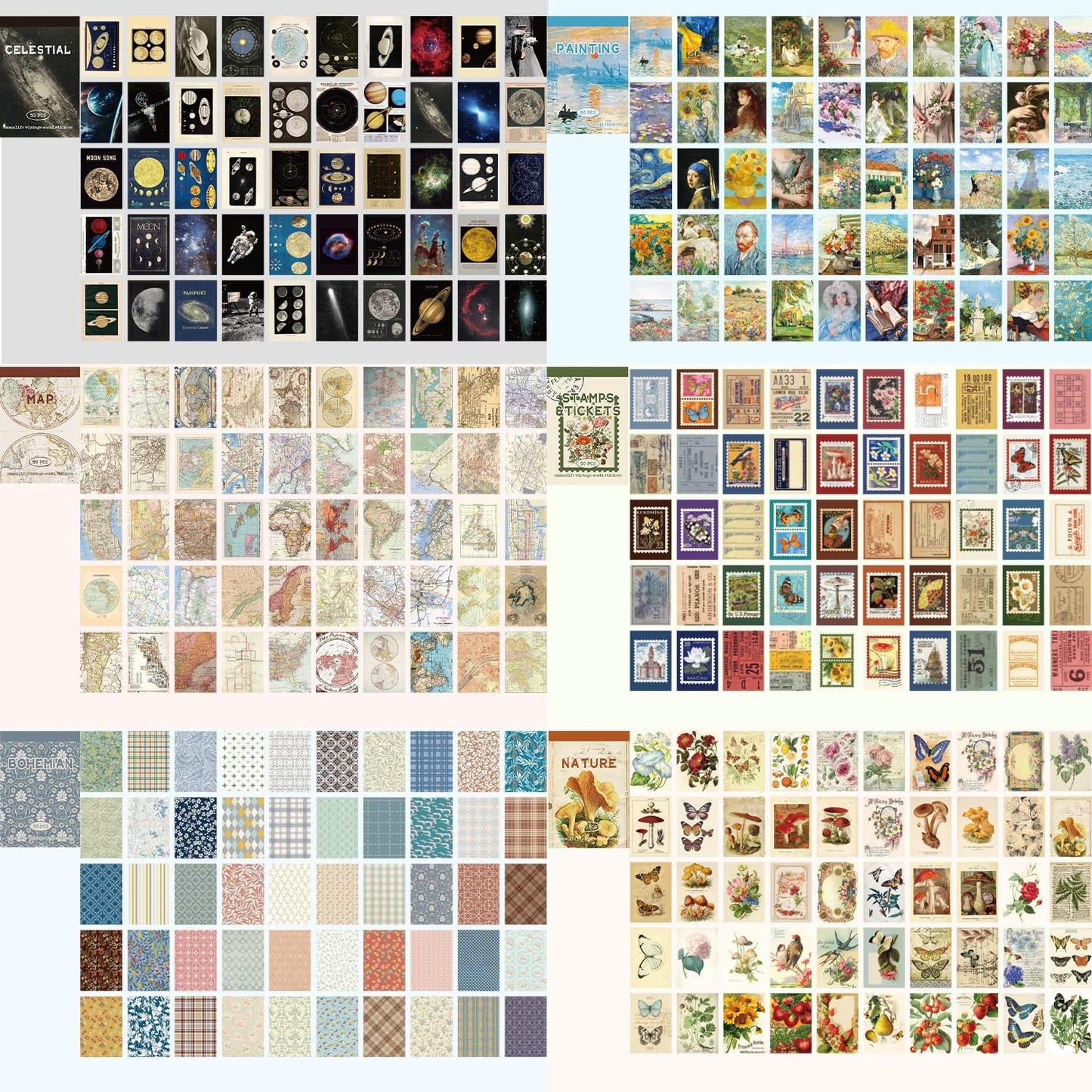 12 Sets 600 Sheets Washi Stickers for Journaling, Map Nature Celestial Portrait Boho Stickers Vintage Aesthetic Scrapbook Sticker Set for Bullet Journal Art Diary Card Craft Gifts Planner Notebook